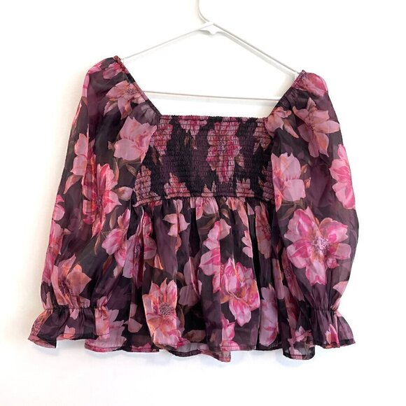 THIRTY THIRTY LA Plum Purple Pink Floral Shiny Square Neck 3/4 Sleeve Blouse S - Picture 12 of 14